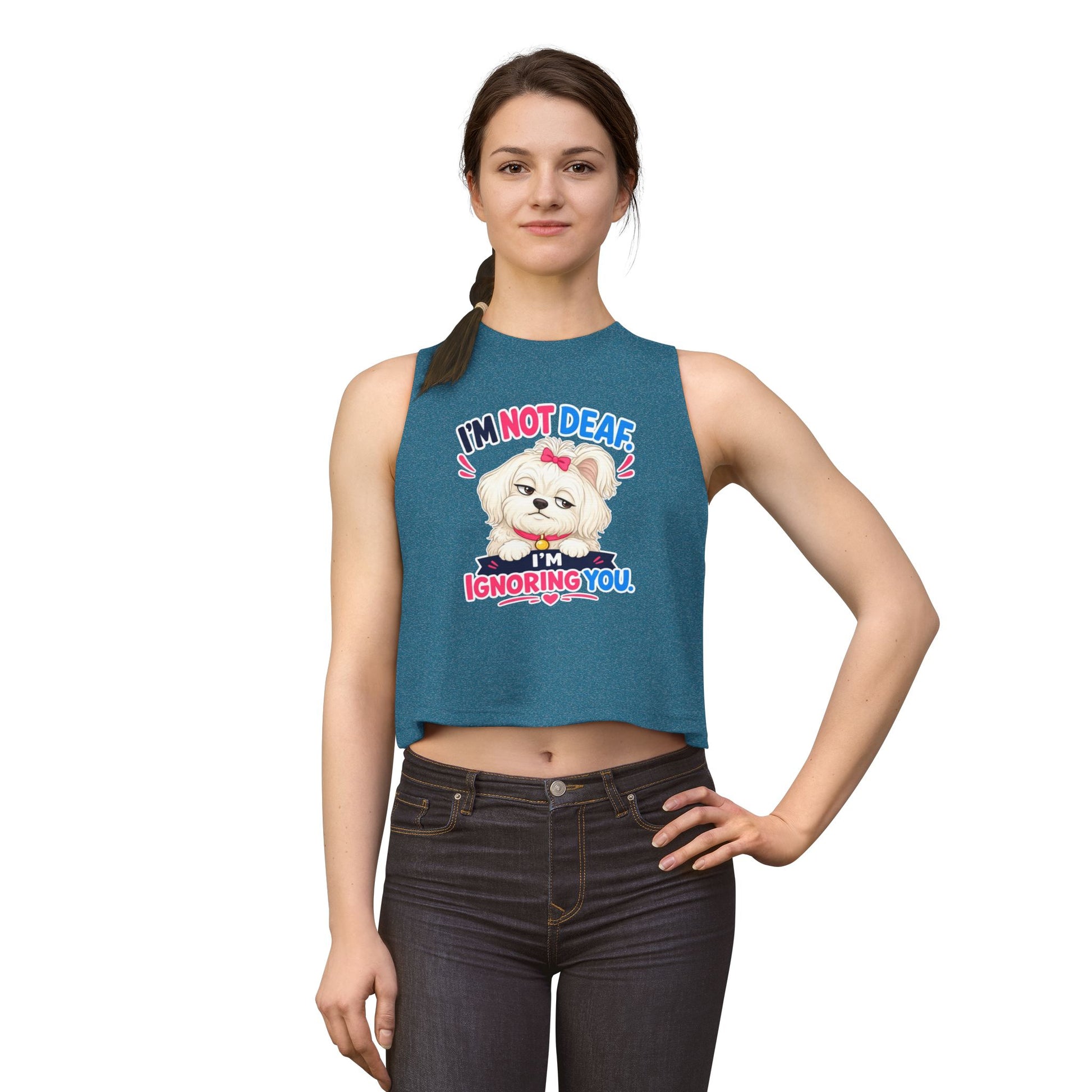 I’m Not Deaf I’m Ignoring You tank top, cute dog with bow and attitude illustration, heather deep teal