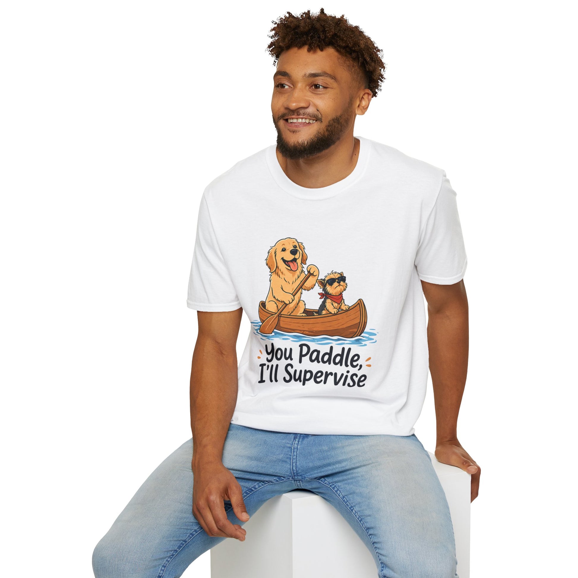 You Paddle I’ll Supervise t-shirt, golden retriever and small dog in canoe graphic, white