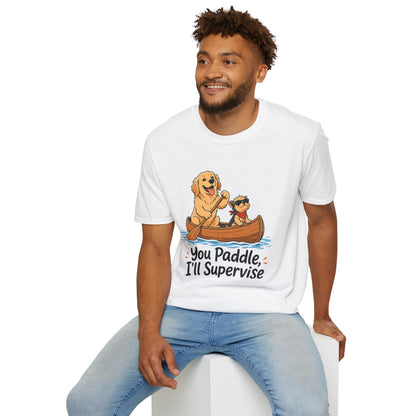 You Paddle I’ll Supervise t-shirt, golden retriever and small dog in canoe graphic, white