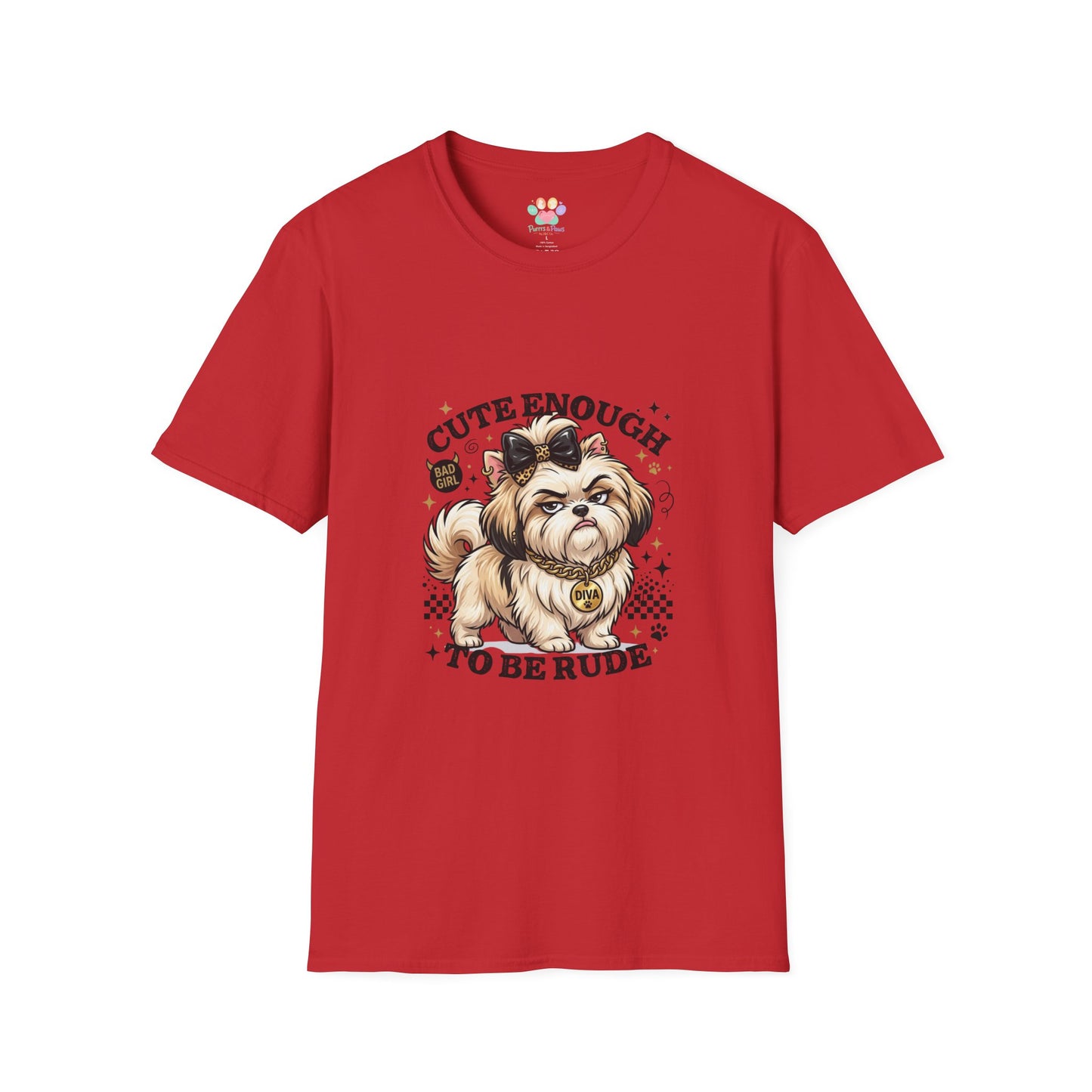 Cute Enough To Be Rude dog t-shirt, stylish small dog with bow and diva necklace graphic, red