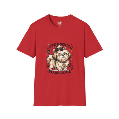 Cute Enough To Be Rude dog t-shirt, stylish small dog with bow and diva necklace graphic, red