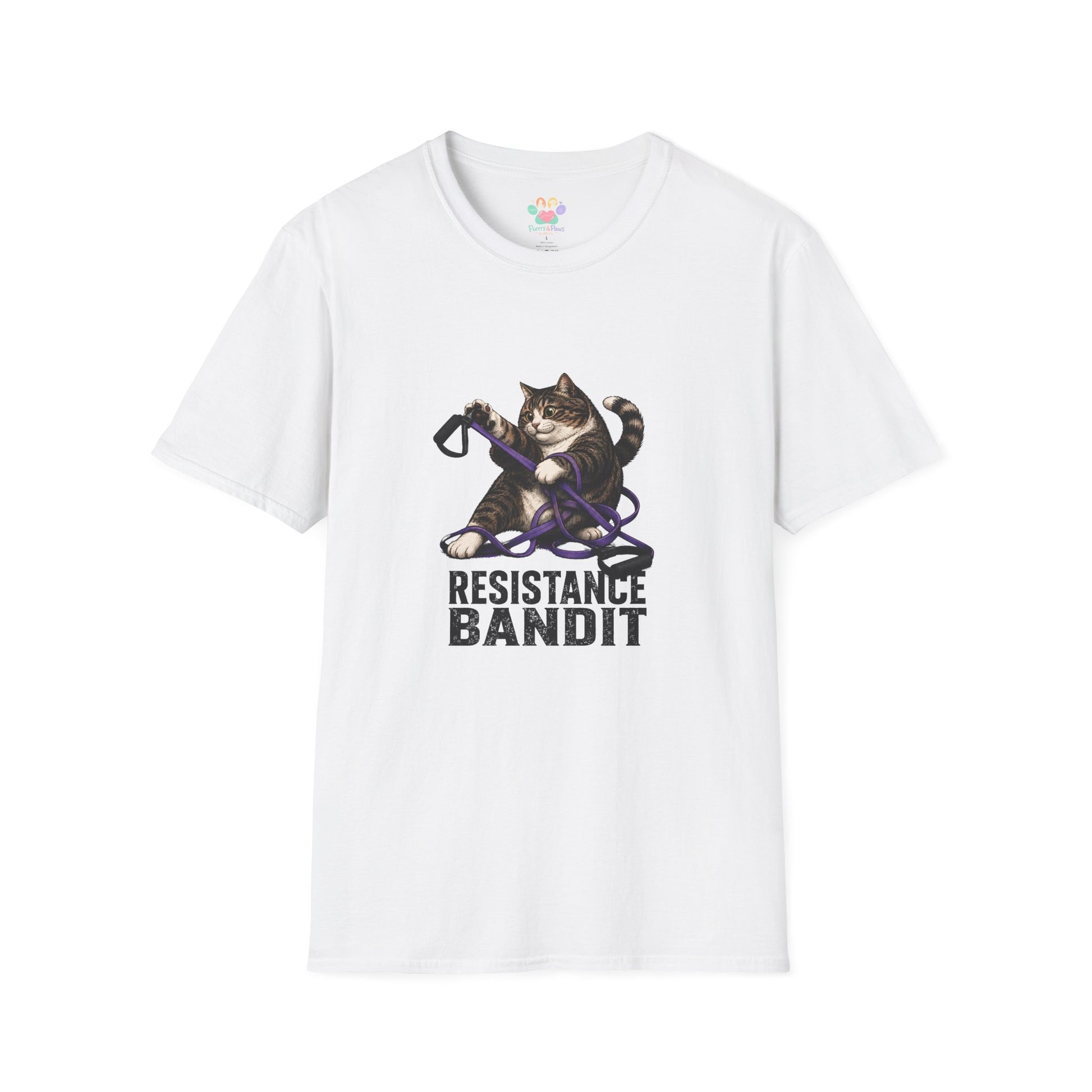 Resistance Bandit cat t-shirt, playful cat tangled in resistance bands graphic, white