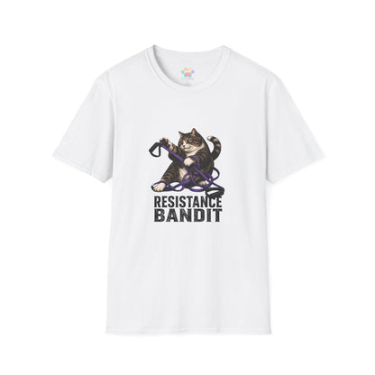 Resistance Bandit cat t-shirt, playful cat tangled in resistance bands graphic, white
