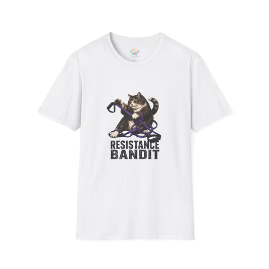 Resistance Bandit cat t-shirt, playful cat tangled in resistance bands graphic, white