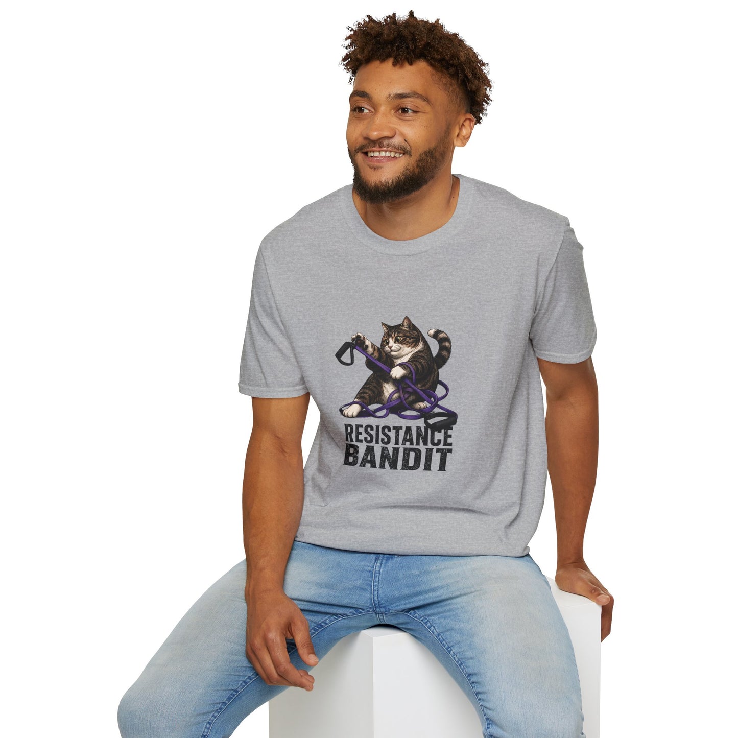 Resistance Bandit cat t-shirt, workout cat graphic design for gym lovers, sport grey