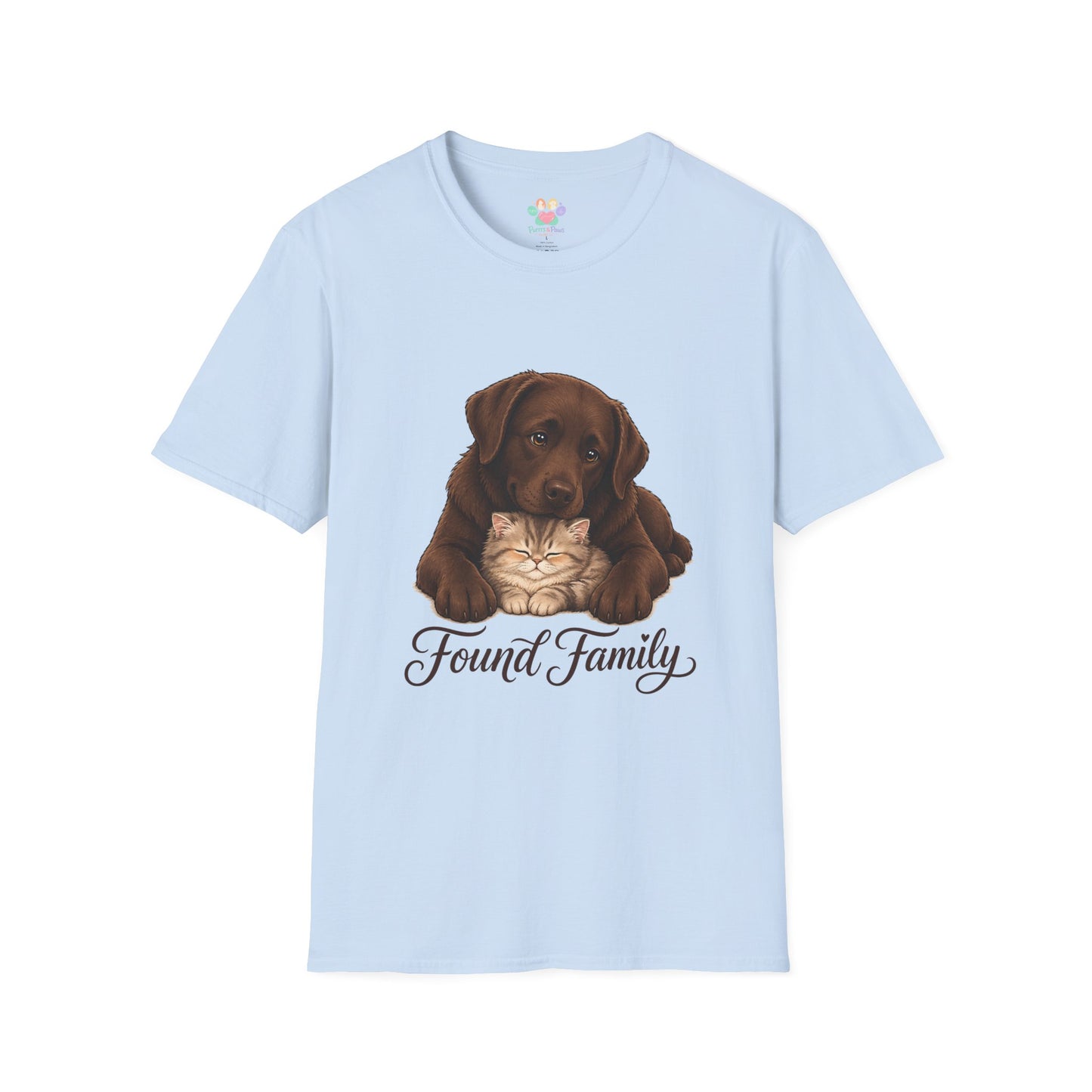 Found Family Labrador Retriever t-shirt, brown lab dog hugging kitten illustration, light blue