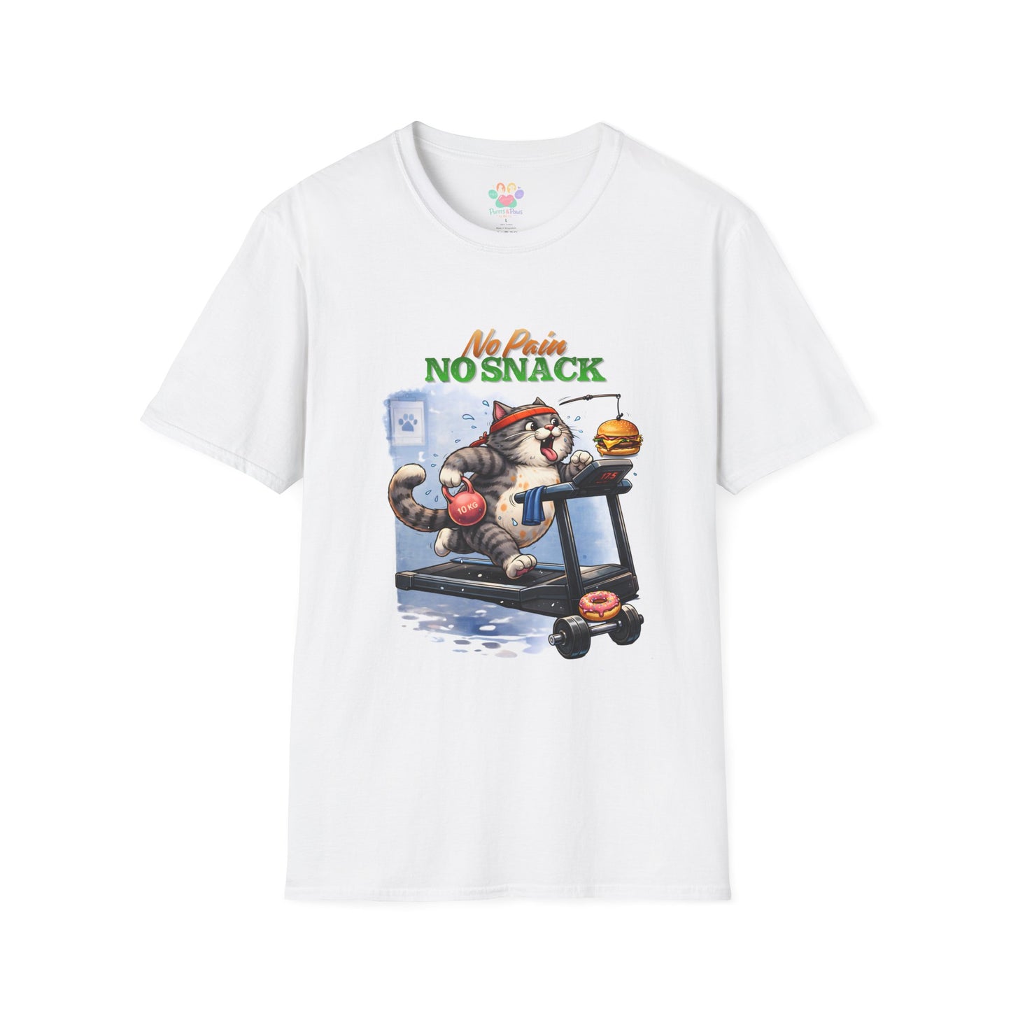 No Pain No Snack t-shirt, cat on treadmill with burger and donut graphic, white