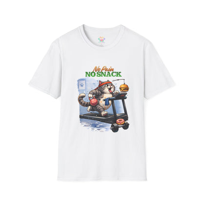 No Pain No Snack t-shirt, cat on treadmill with burger and donut graphic, white