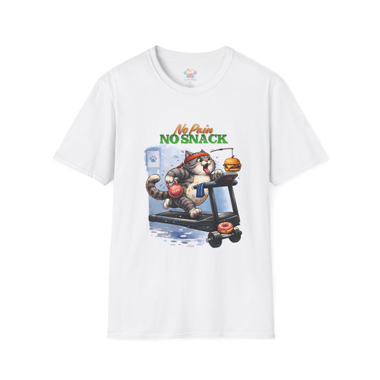 No Pain No Snack t-shirt, cat on treadmill with burger and donut graphic, white