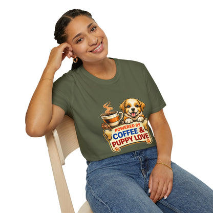 Powered By Coffee & Puppy Love t-shirt, adorable puppy graphic, coffee and dog lover design, military green