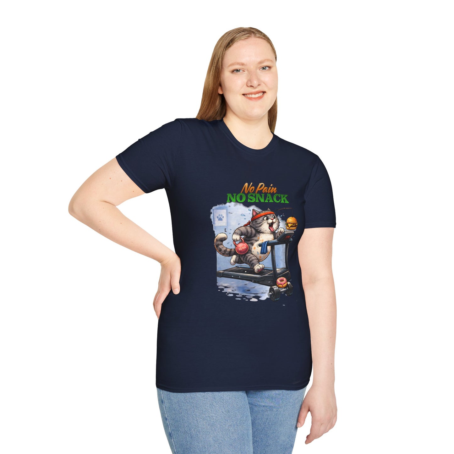 No Pain No Snack t-shirt, workout cat on treadmill design, navy