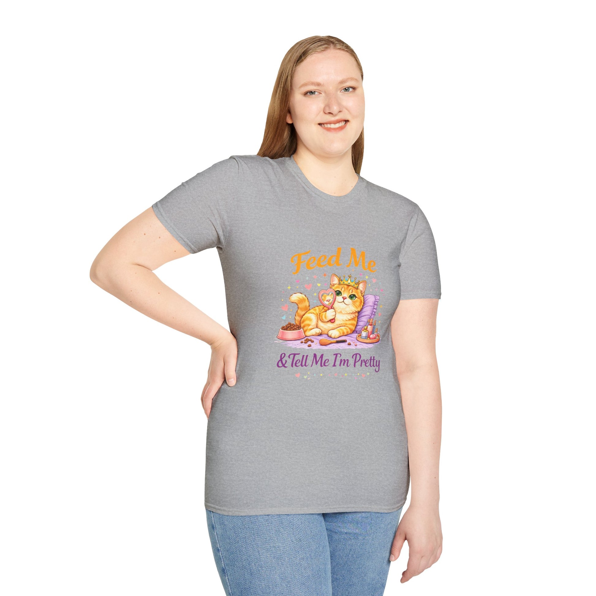 Feed Me & Tell Me I’m Pretty cat t-shirt, cute cat with crown and mirror illustration, sport gray