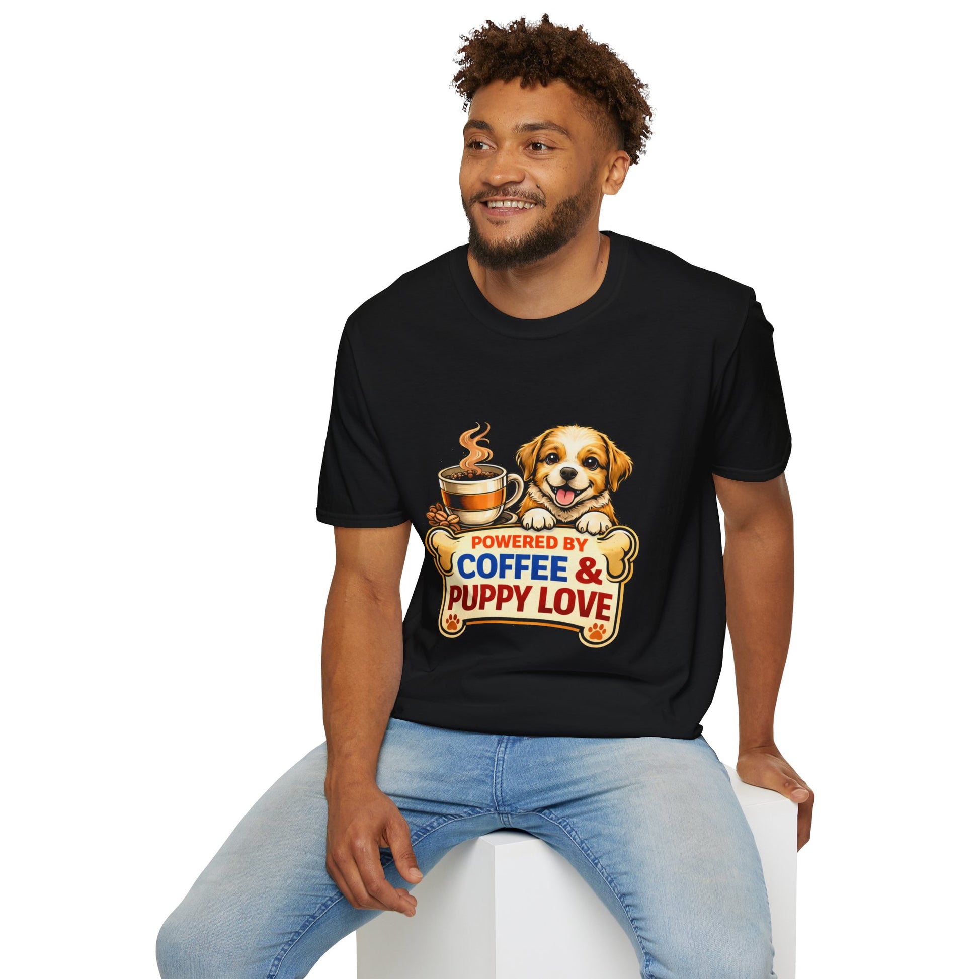 Powered By Coffee & Puppy Love shirt, puppy and coffee graphic tee, dog lover apparel, black