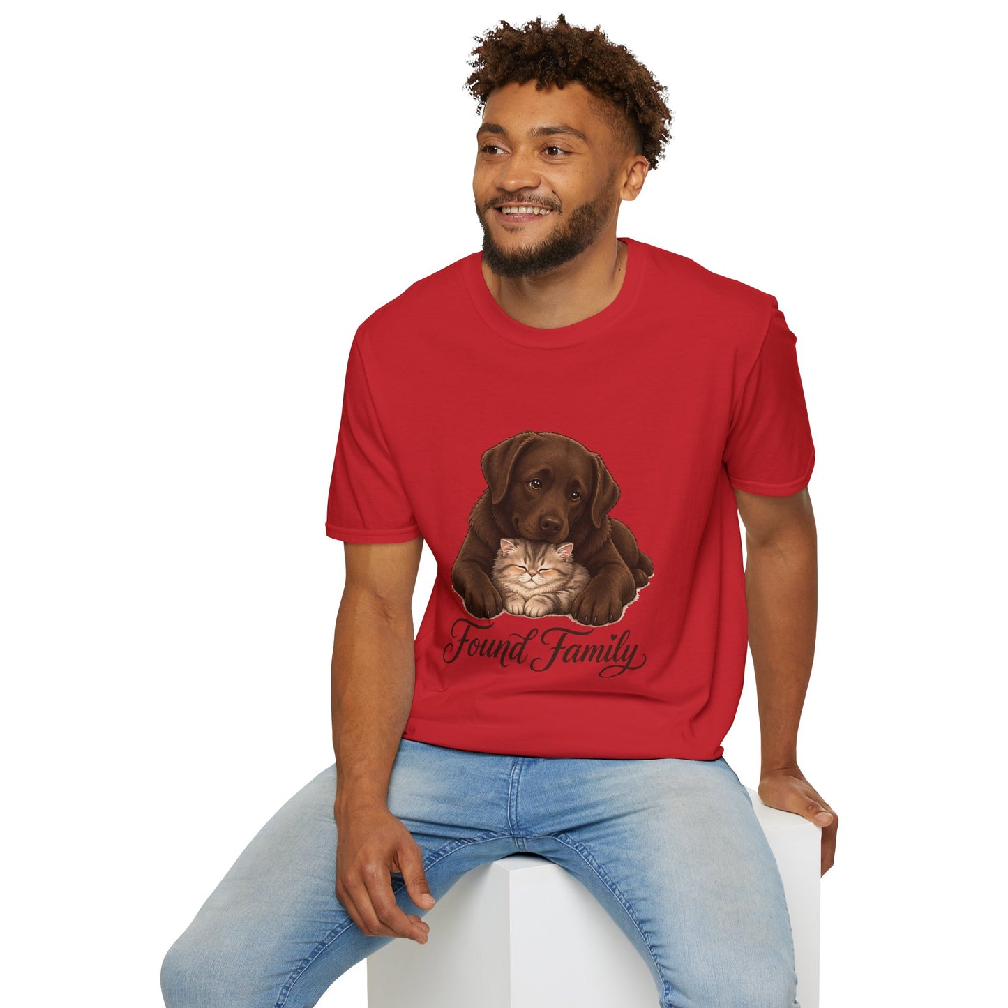 Found Family Labrador Retriever t-shirt, labrador retriever with kitten friendship graphic, red