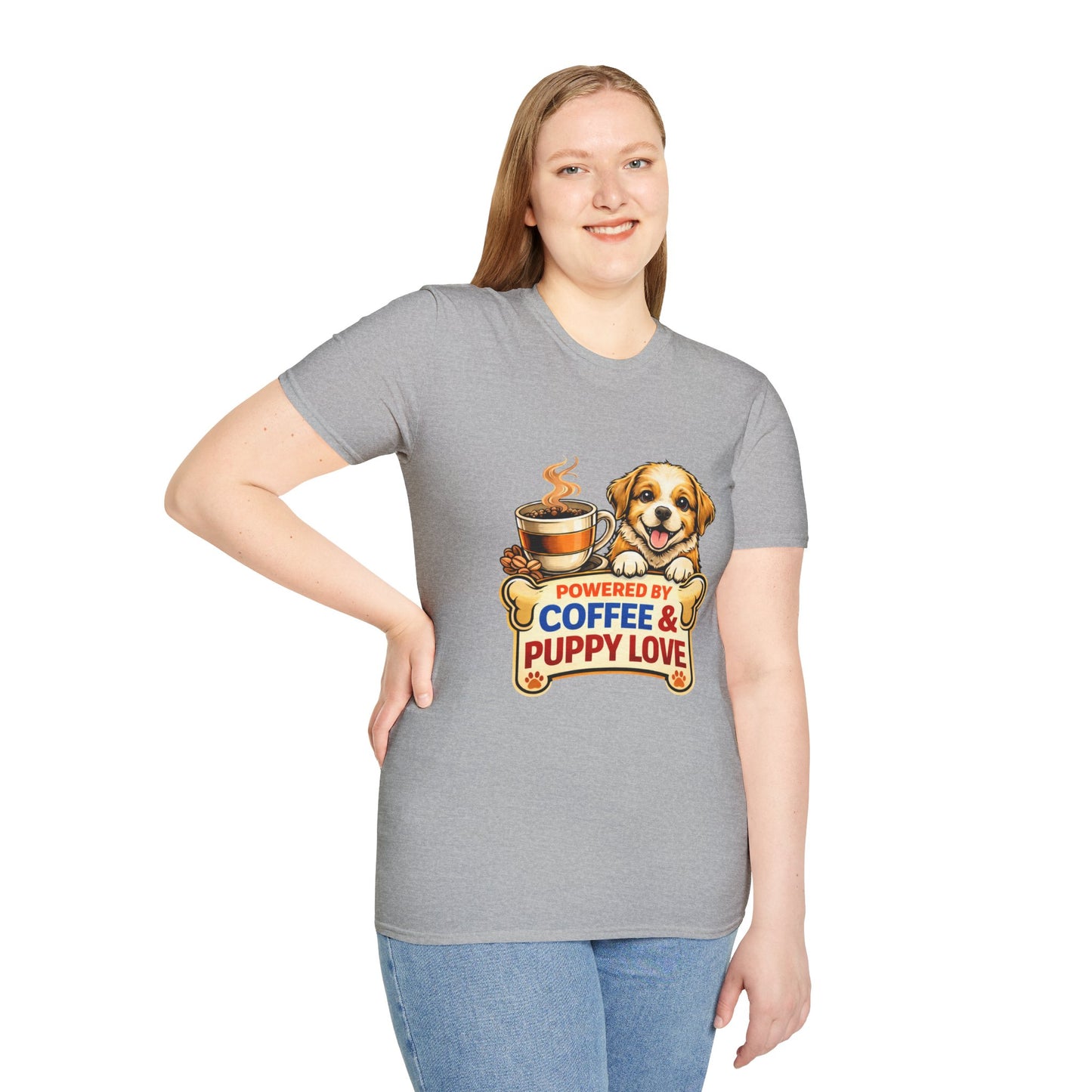 Powered By Coffee & Puppy Love t-shirt, cute dog and coffee illustration, pet lover design, sport gray