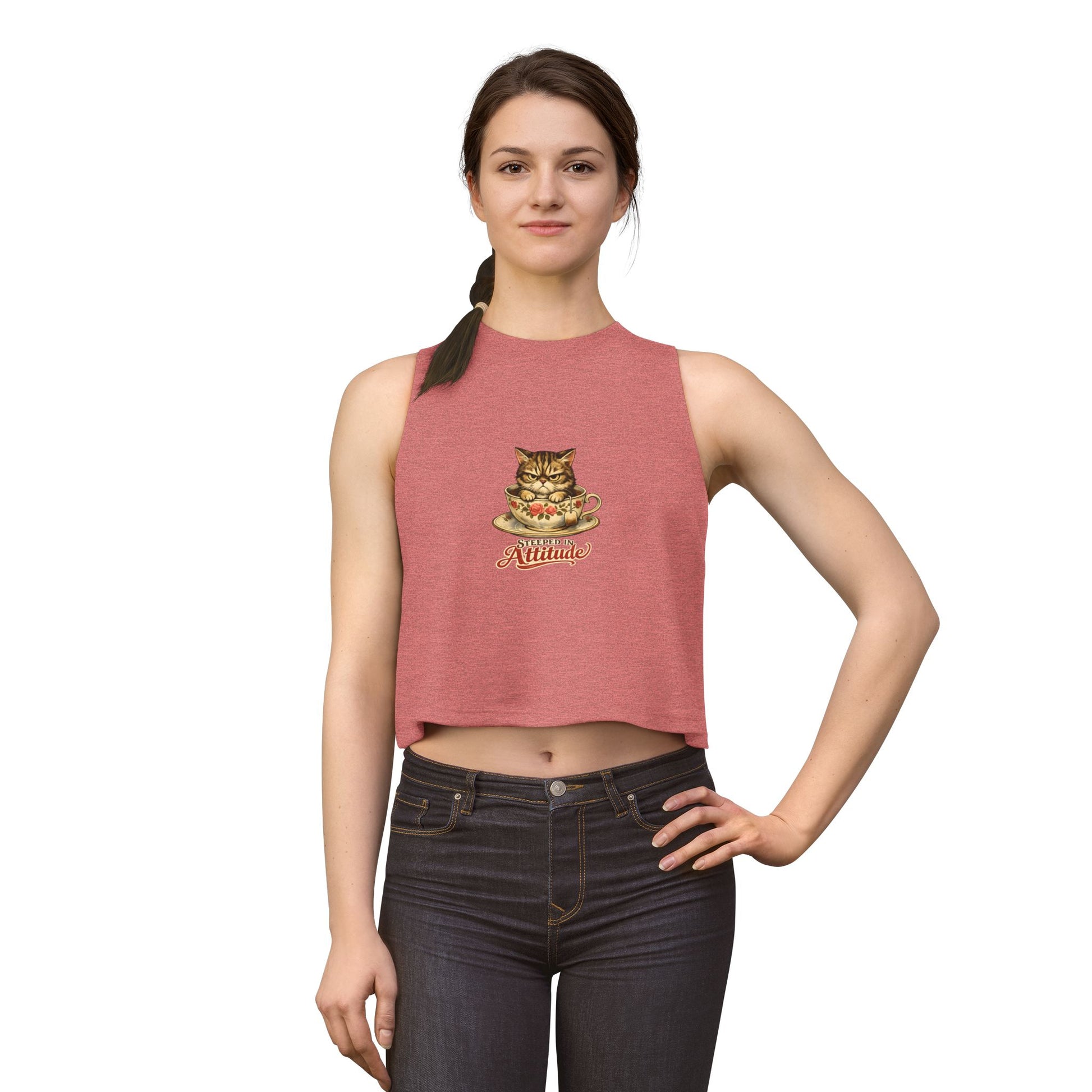 Steeped in Attitude tank top, grumpy cat teacup graphic design, heather mauve