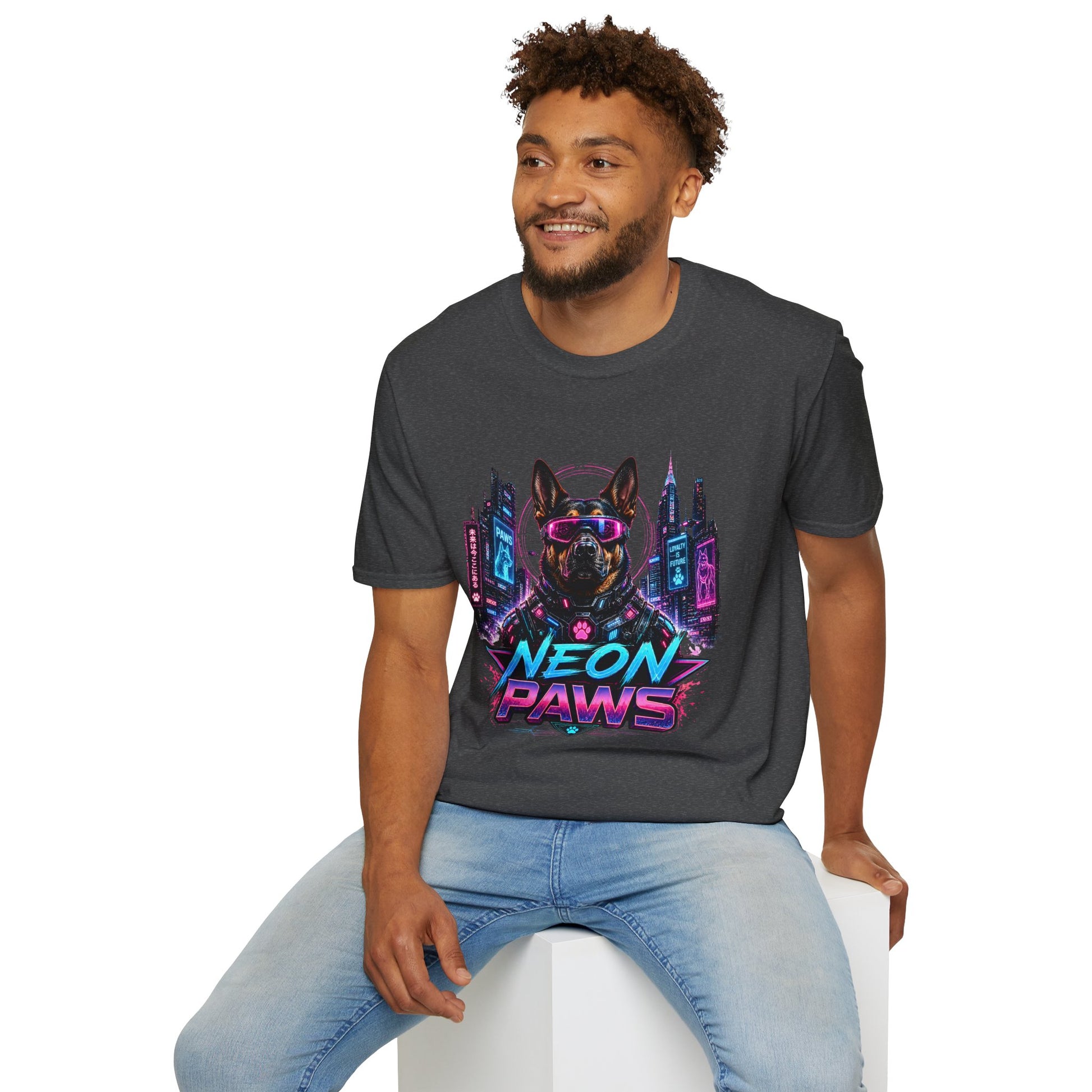 Neon Paws t-shirt, sci-fi neon dog illustration with futuristic canine design, dark heather