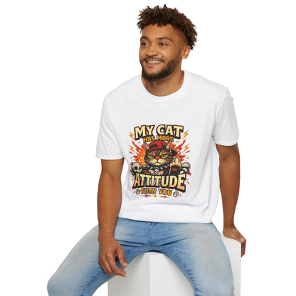 Funny cat t-shirt, sarcastic quote “My Cat Has More Attitude Than You”, grumpy cat graphic, white