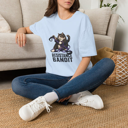 Resistance Bandit cat t-shirt, funny fitness cat with exercise resistance band illustration, light blue