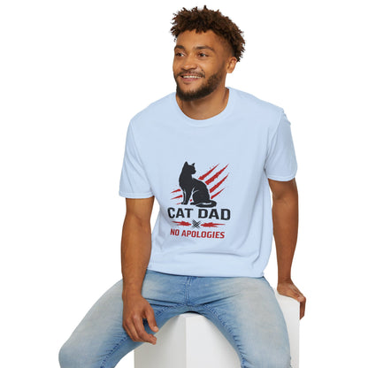 Cat Dad No Apologies t-shirt, bold black cat design for cat lovers, light blue