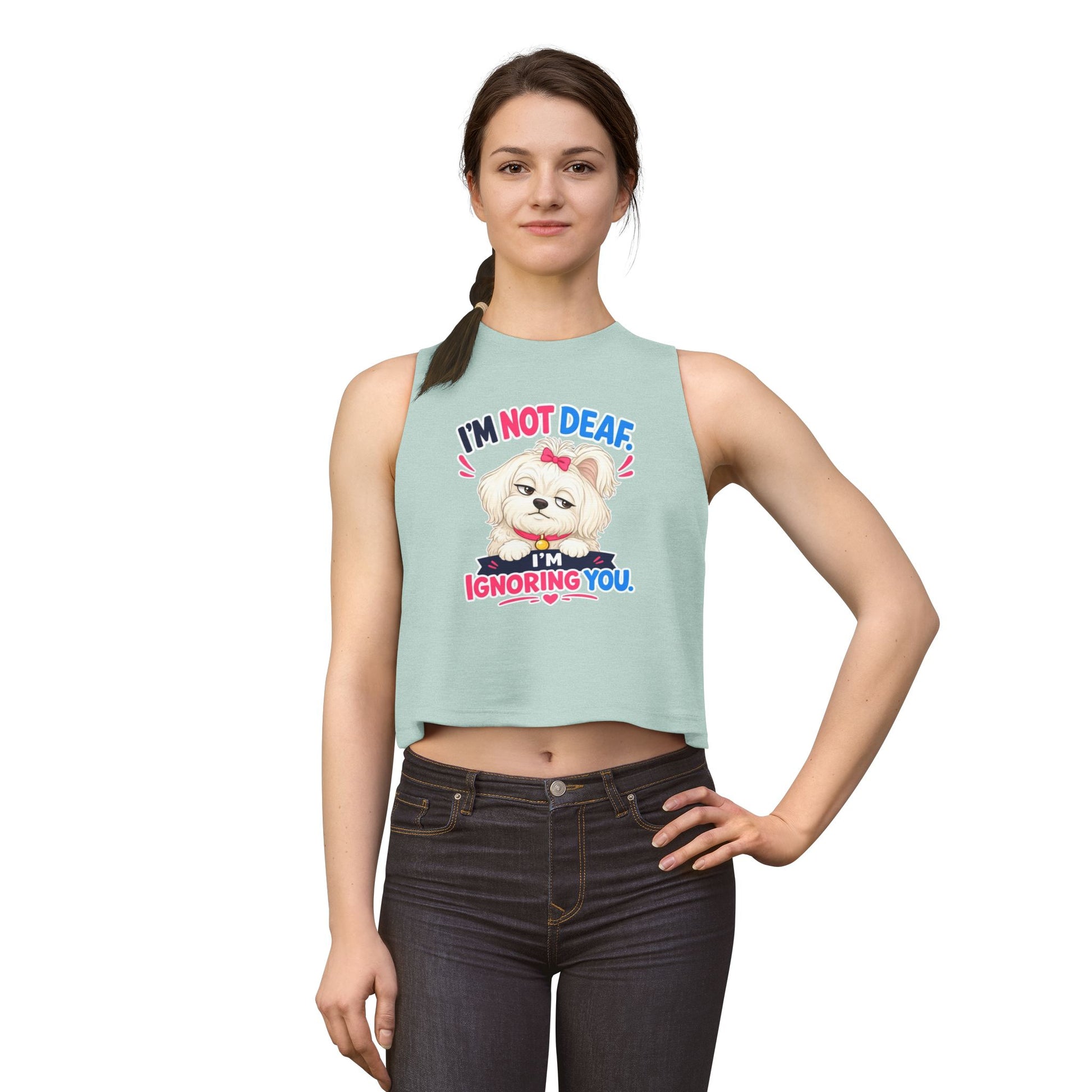 I’m Not Deaf I’m Ignoring You tank top, small dog graphic with sassy expression, heather dusty blue