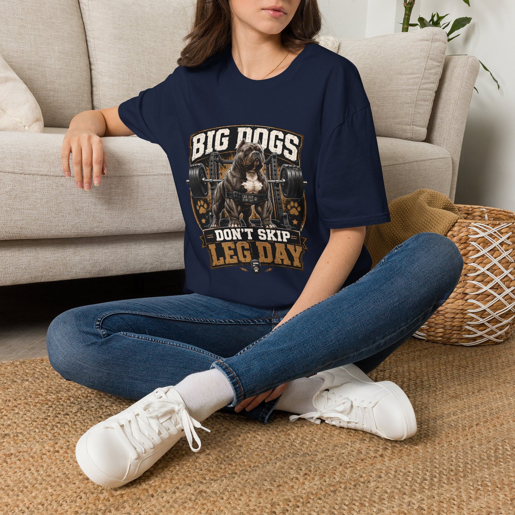 Big Dogs Don’t Skip Leg Day t-shirt, muscular bulldog with barbell gym design, navy