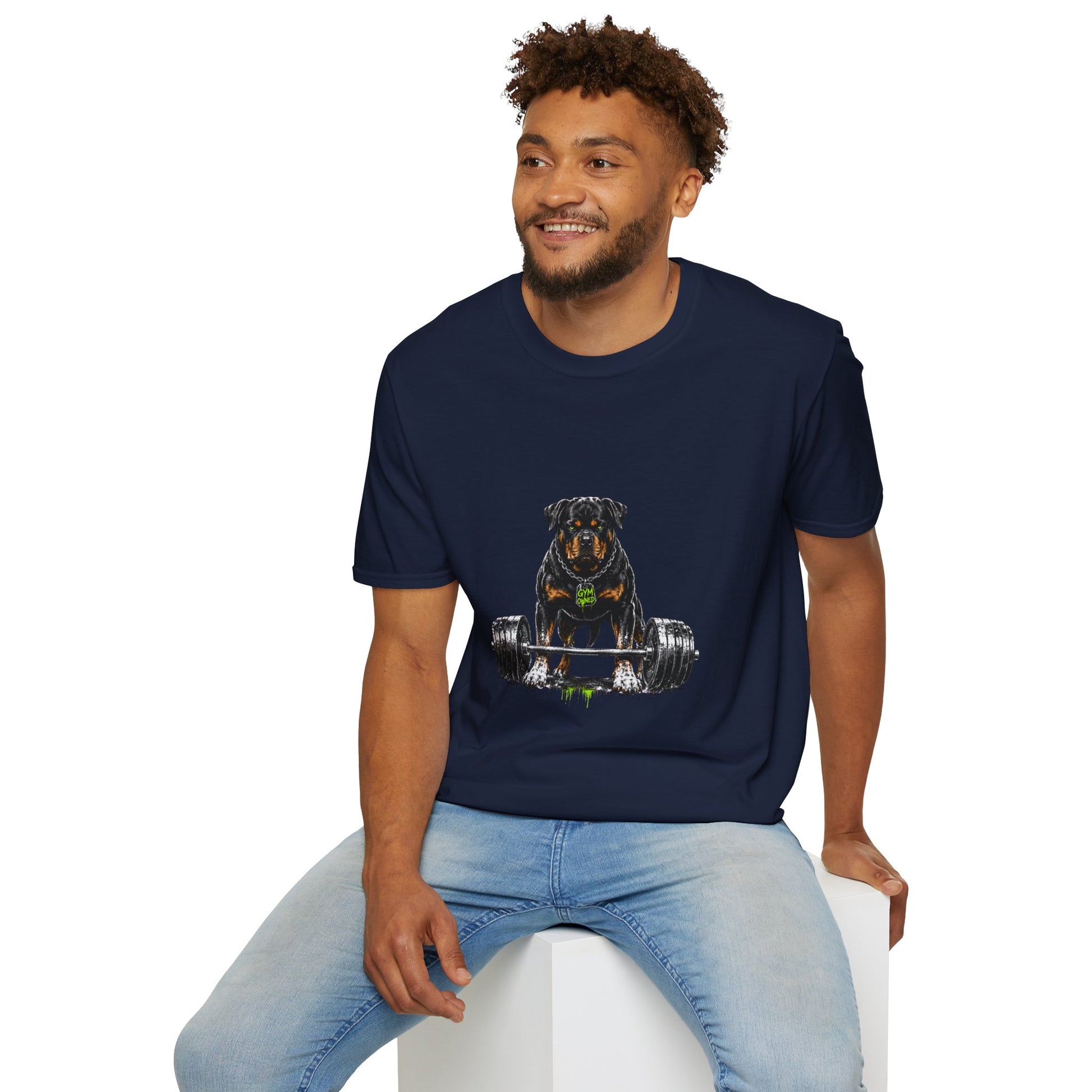 Rottweiler weightlifting t-shirt, powerful Rottweiler fitness graphic design, navy