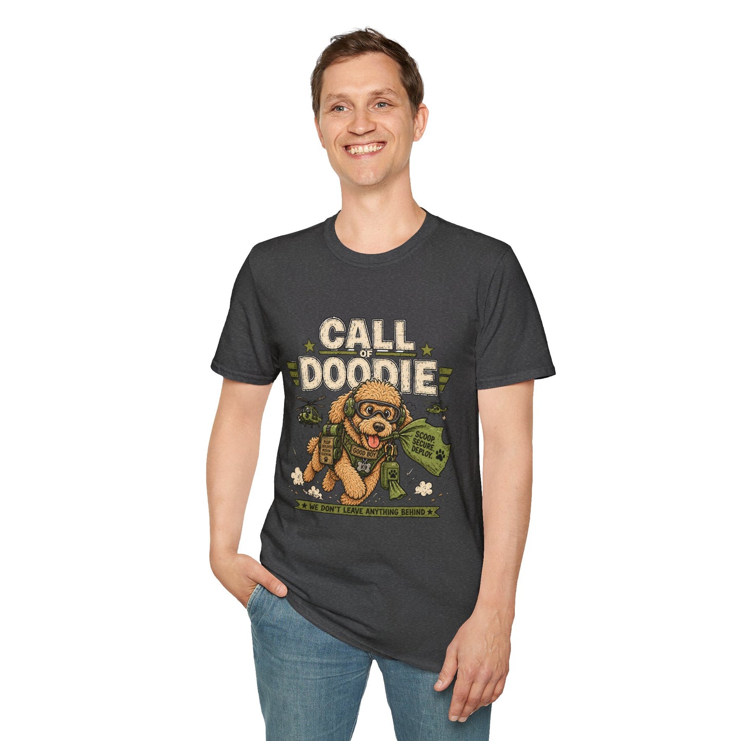 Call of Doodie t-shirt, military humor dog graphic with combat poodle artwork, dark heather