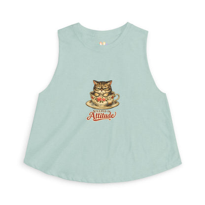 Steeped in Attitude tank top, kitten in teacup illustration, heather dusty blue