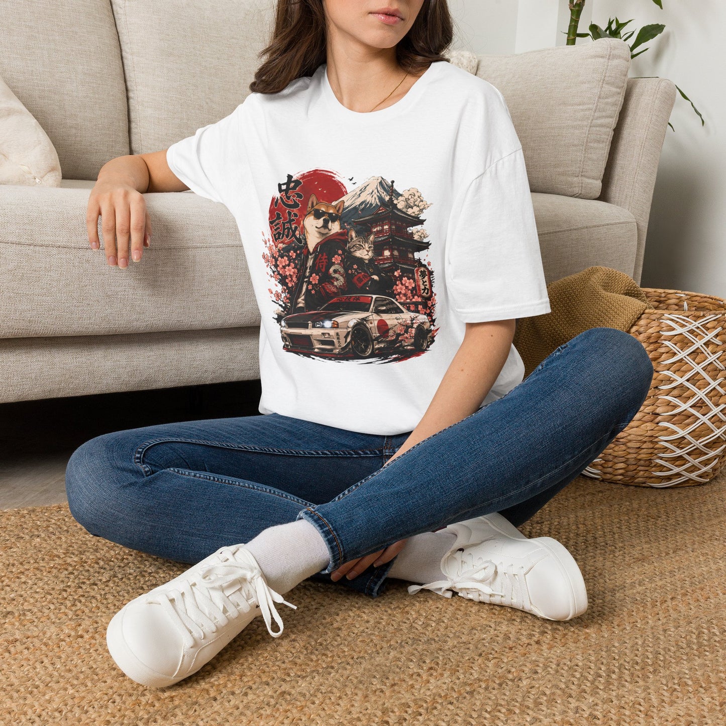 Samurai Shiba Inu and Tabby Cat t-shirt, Japanese warrior animal graphic with sports car, white