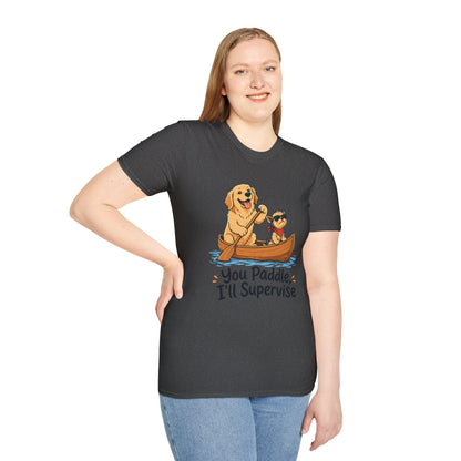 You Paddle I’ll Supervise t-shirt, dog lovers canoe scene graphic, dark heather