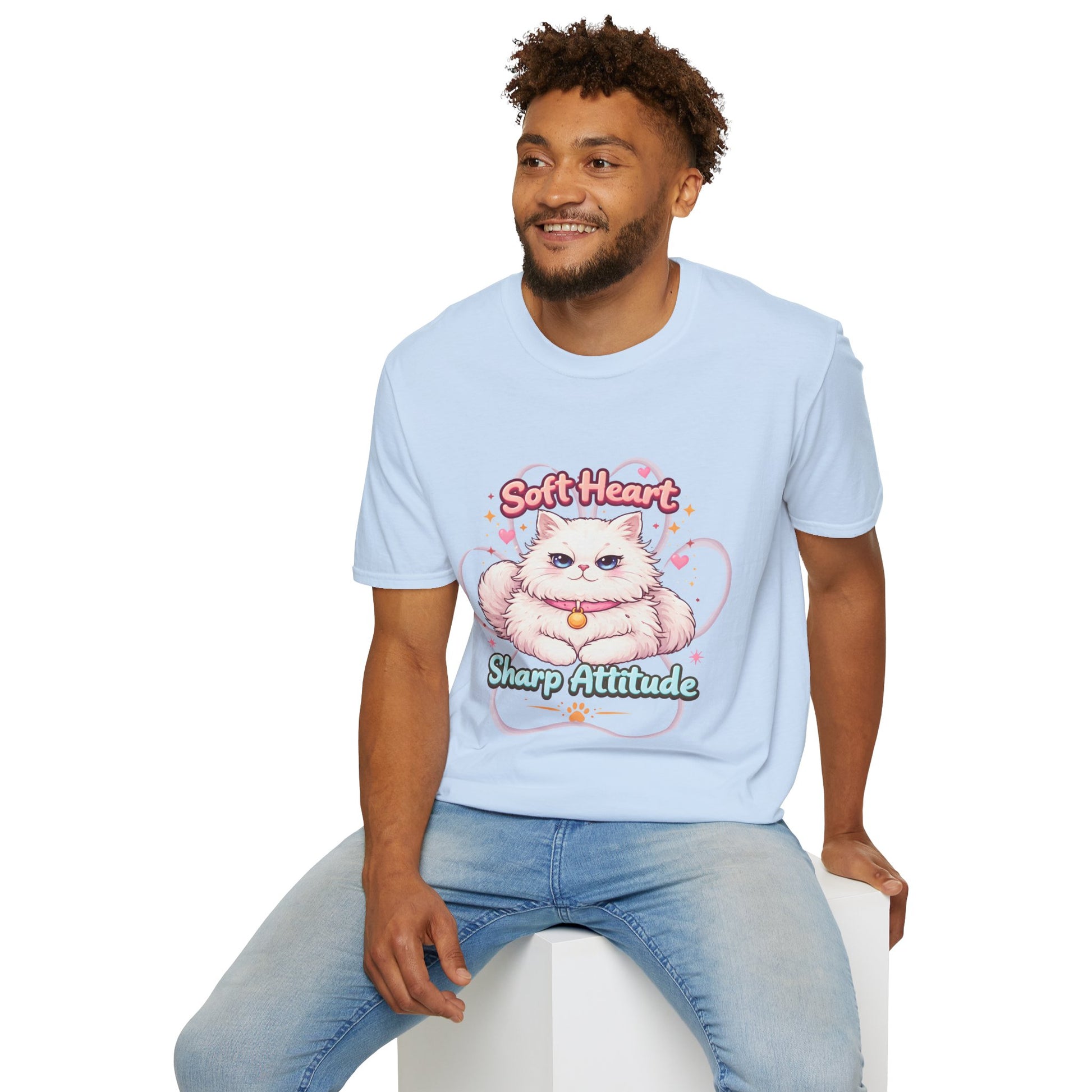 Soft Heart Sharp Attitude cat shirt, adorable fluffy kitten illustration, cute pet lover graphic tee, light blue