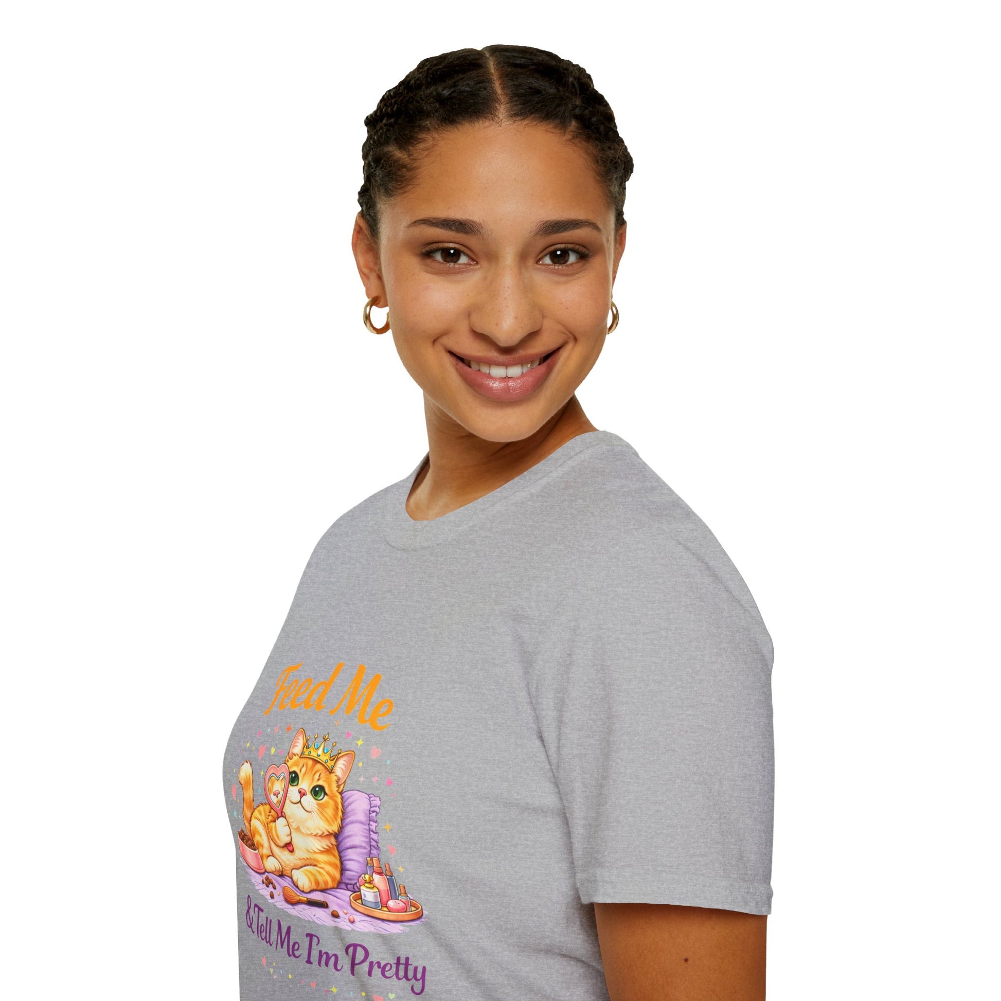 Feed Me & Tell Me I’m Pretty cat t-shirt, cute cat with crown and mirror illustration, sport gray