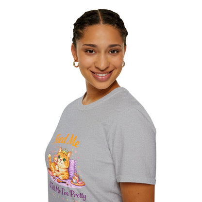 Feed Me & Tell Me I’m Pretty cat t-shirt, cute cat with crown and mirror illustration, sport gray