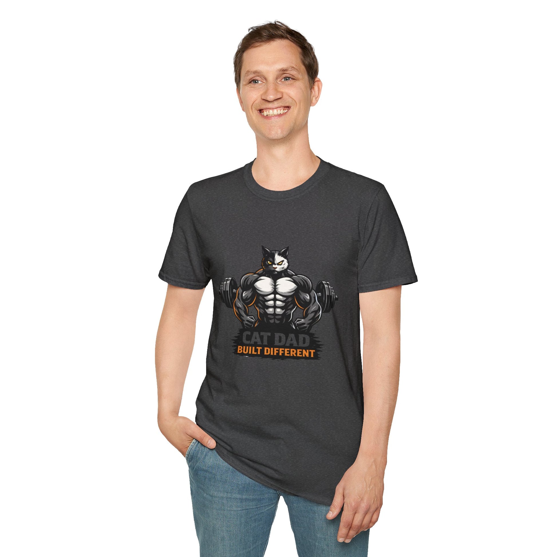 Cat Dad Built Different t-shirt, buff cat lifting dumbbells graphic, gym enthusiast cat owner apparel, dark heather
