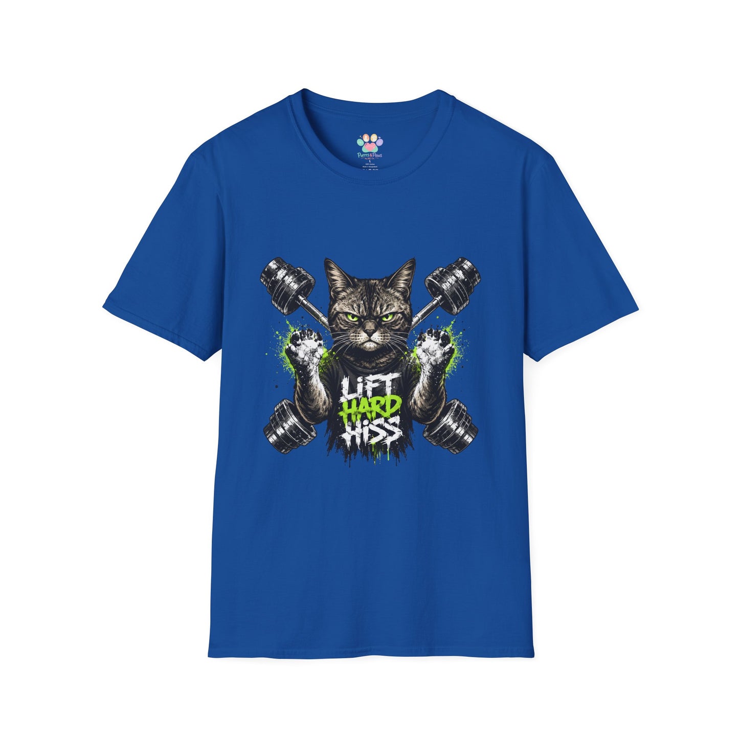 Lift Hard Hiss Harder t-shirt, fitness cat with dumbbells and green accents design, royal
