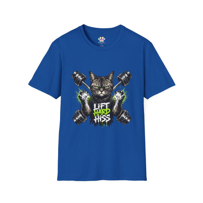 Lift Hard Hiss Harder t-shirt, fitness cat with dumbbells and green accents design, royal