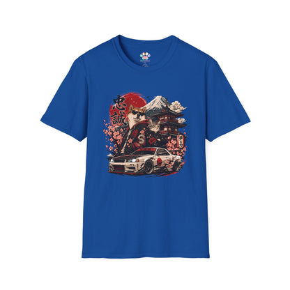 Samurai Shiba Inu and Tabby Cat t-shirt, samurai animal duo graphic with sports car and sakura, royal