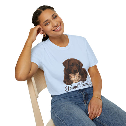 Found Family Labrador Retriever t-shirt, brown lab dog hugging kitten illustration, light blue