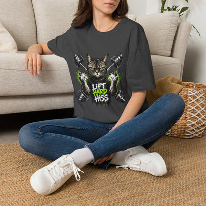 Lift Hard Hiss Harder cat t-shirt, bodybuilding cat fitness graphic design, dark heather