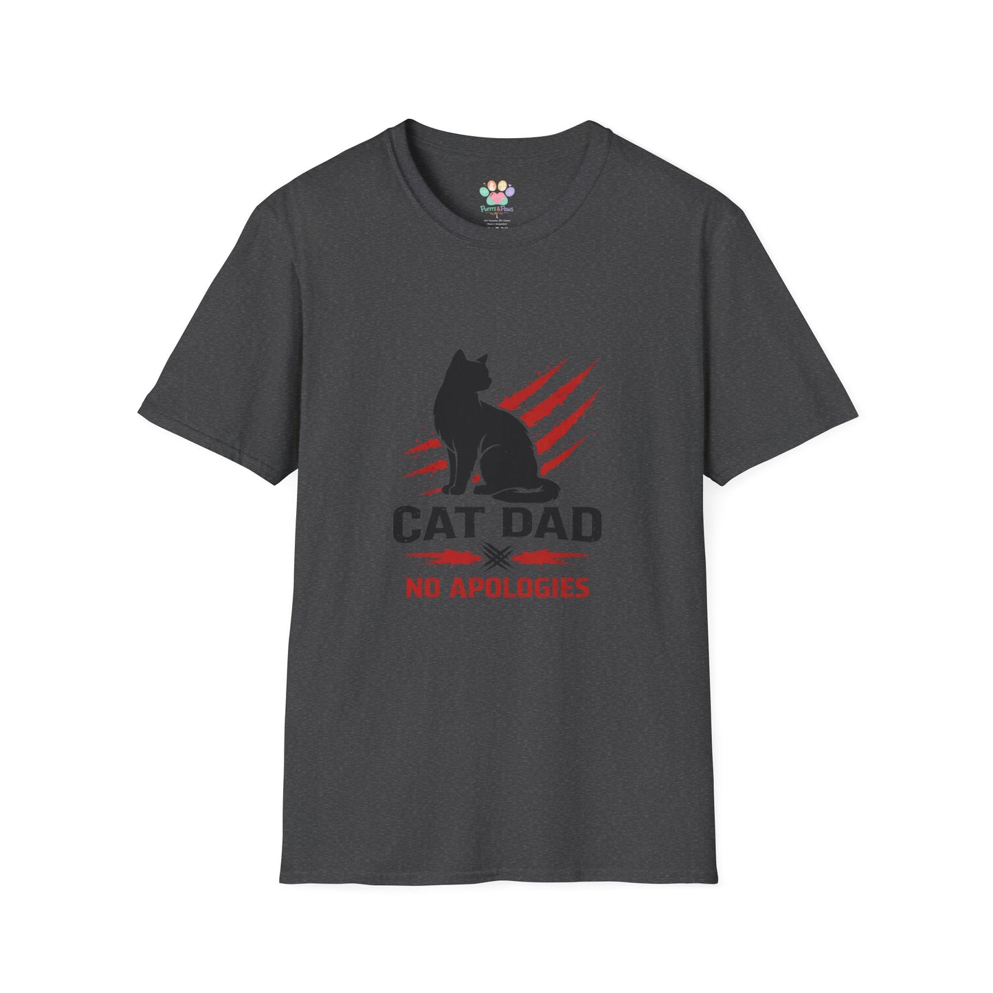 Cat Dad No Apologies t-shirt, bold cat dad graphic with claw scratch design, dark heather