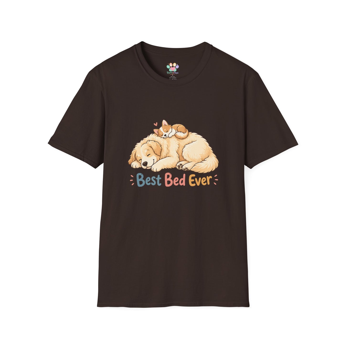 Best Bed Ever t-shirt, cute dog and cat cuddling illustration, dark chocolate