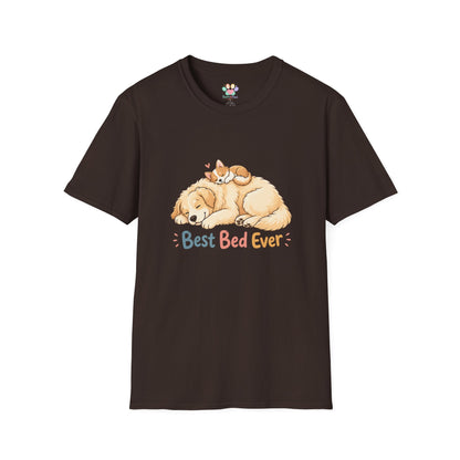 Best Bed Ever t-shirt, cute dog and cat cuddling illustration, dark chocolate