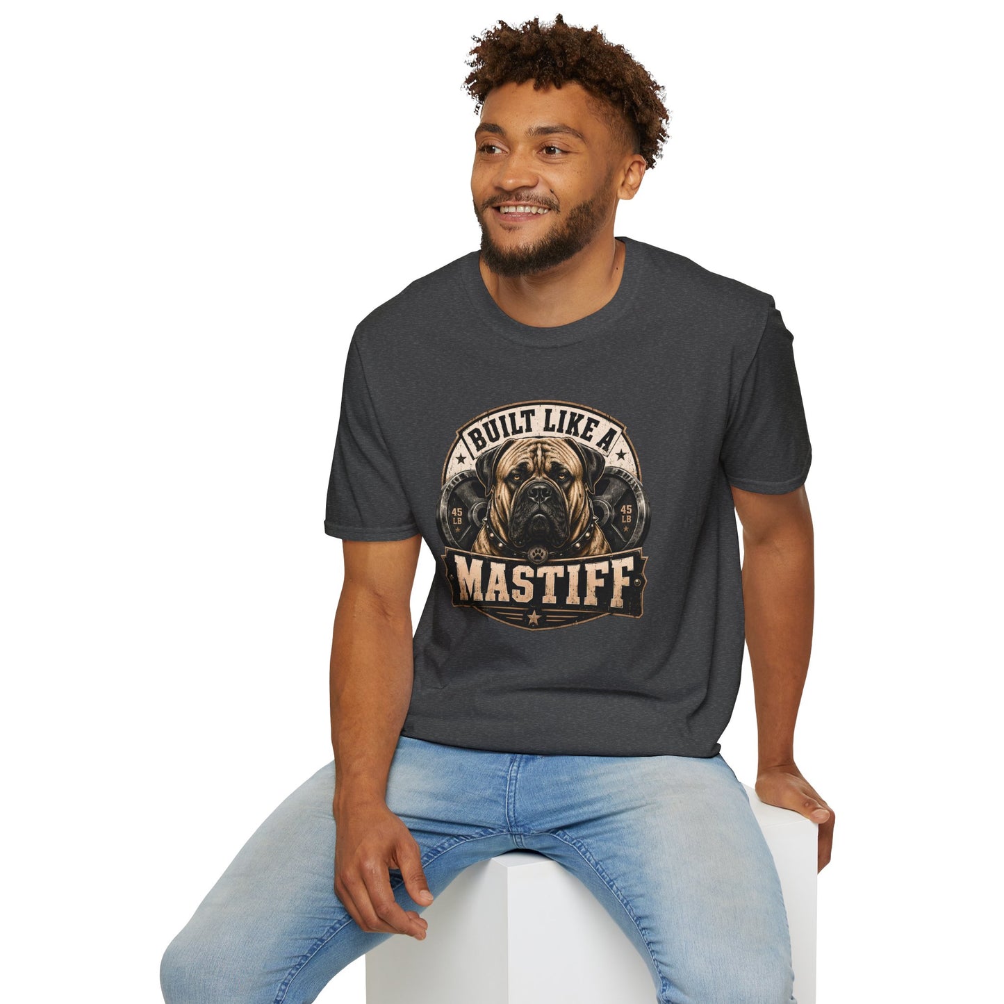 Built Like A Mastiff t-shirt, Mastiff dog bodybuilding inspired illustration, dark heather