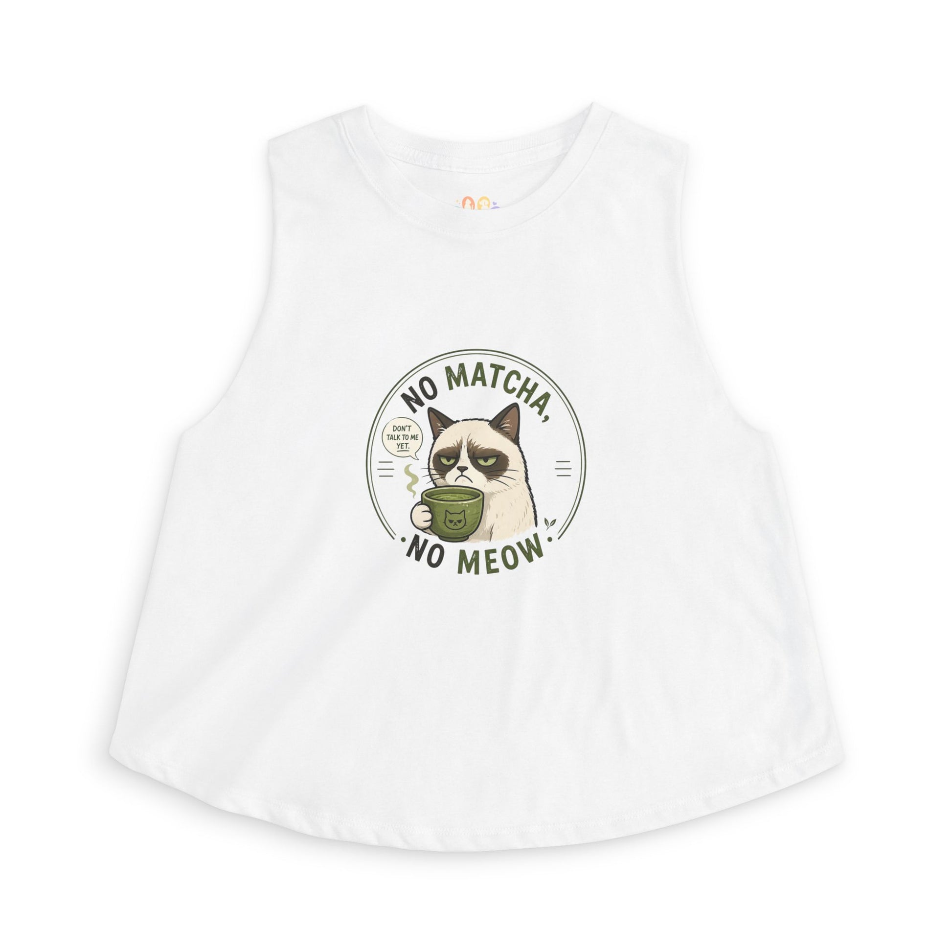 No Matcha No Meow tank top, grumpy cat holding matcha tea cup graphic, white