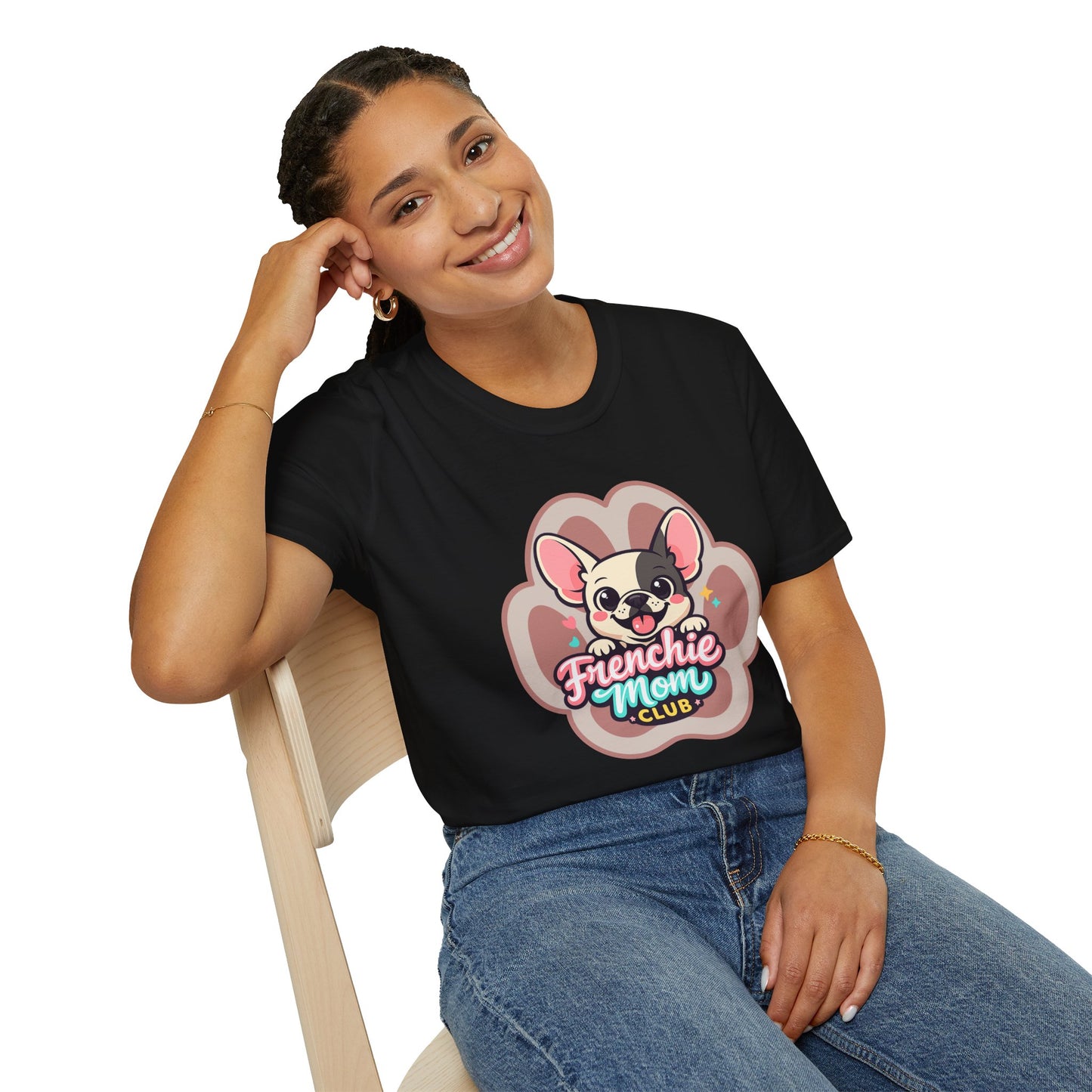 French bulldog mom t-shirt, cute Frenchie graphic, “Frenchie Mom Club” design, black