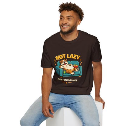 Not Lazy Energy Saving Mode t-shirt, relaxed dog on sofa illustration, dark chocolate