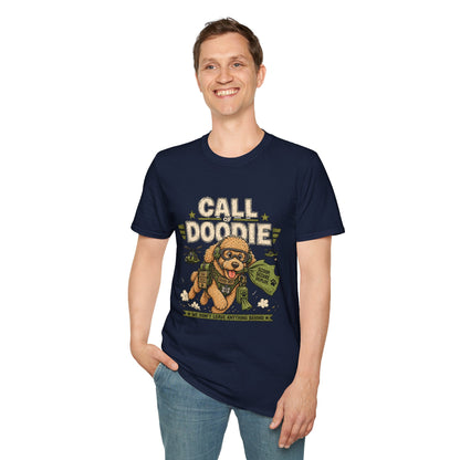 Call of Doodie t-shirt, military parody dog illustration with combat poodle graphic, navy