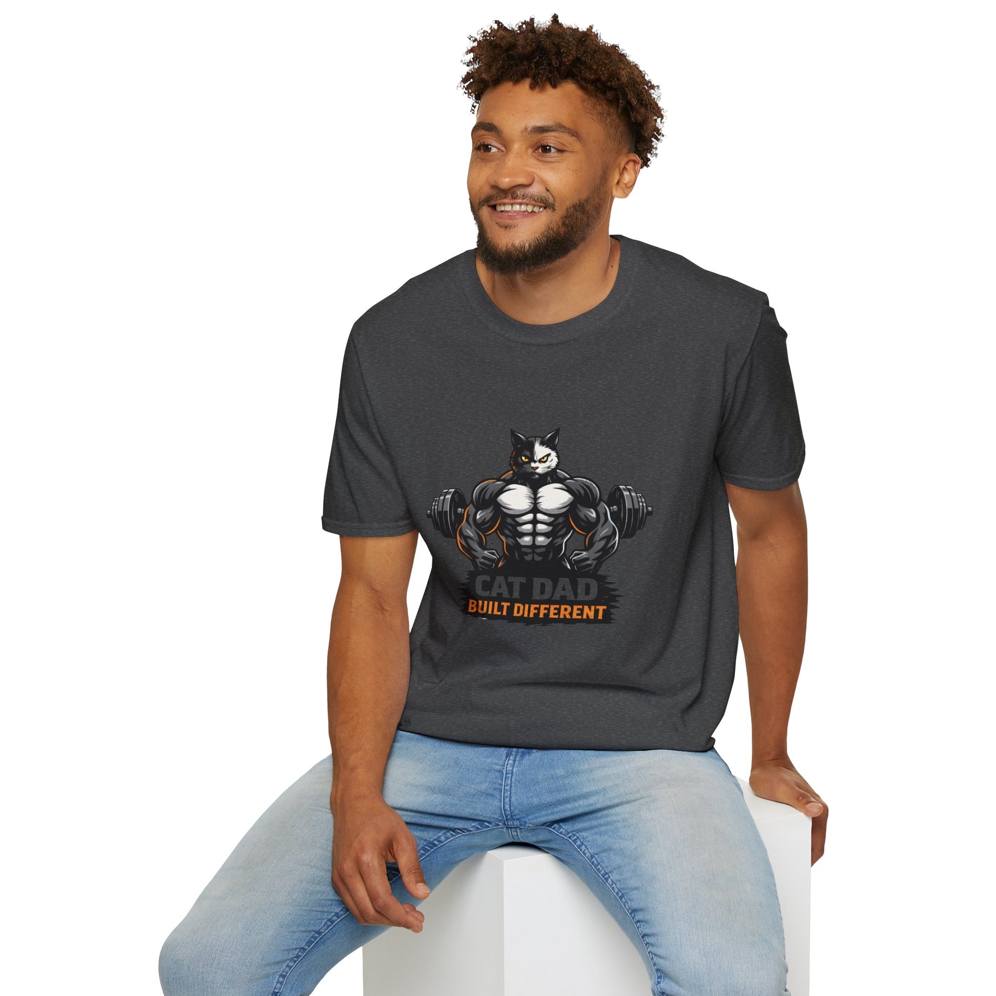 Cat Dad Built Different t-shirt, buff cat lifting dumbbells graphic, gym enthusiast cat owner apparel, dark heather