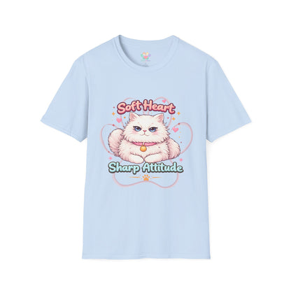 Soft Heart Sharp Attitude cat shirt, adorable fluffy kitten illustration, cute pet lover graphic tee, light blue